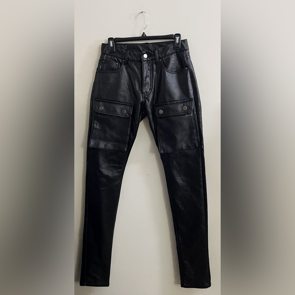 MNML Black Faux Leather Cargo Skinny Pants Casual Rock Goth Grunge Club Fall
